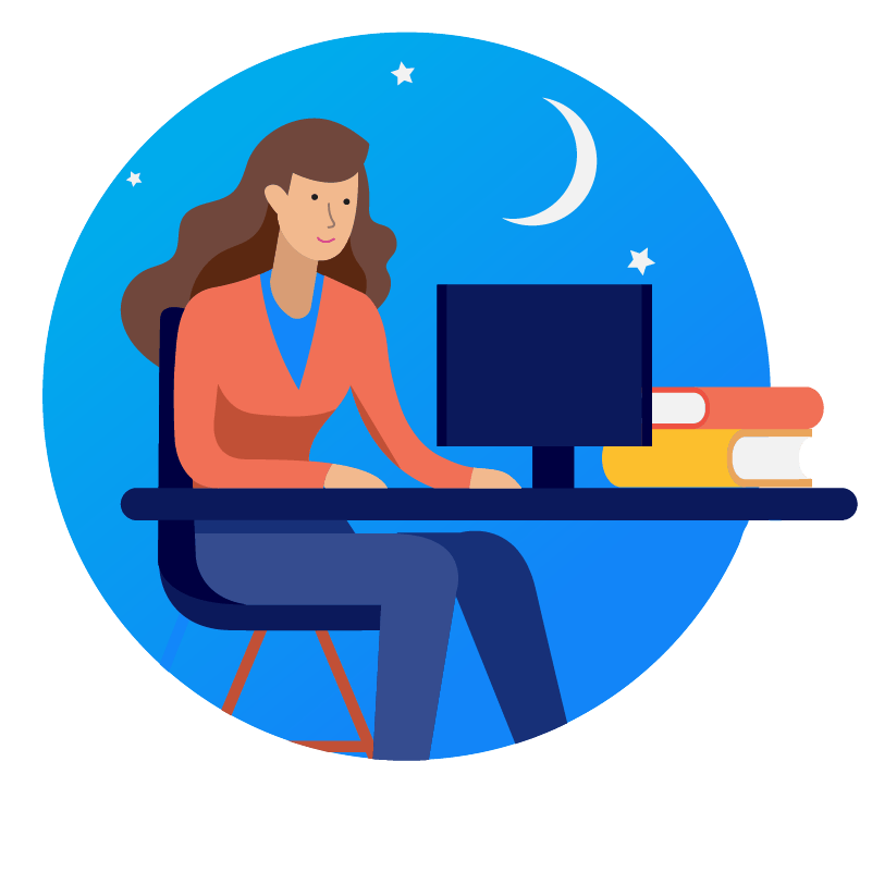 Illustration of a woman using a computer late at night